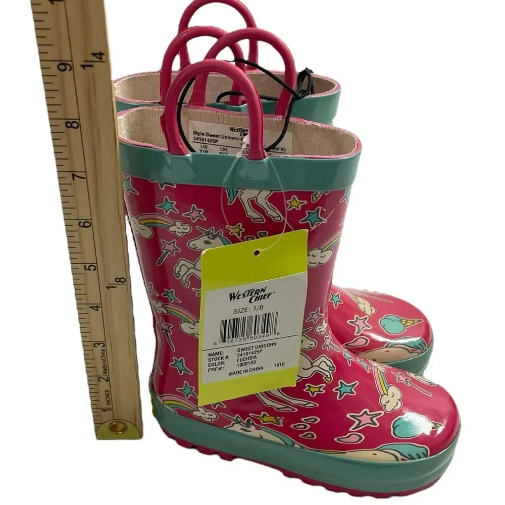 NWT Western Chief Girls Fuchsia Pink Sweet Unicorn Rain‎ Boots Size 7/8 Shoes